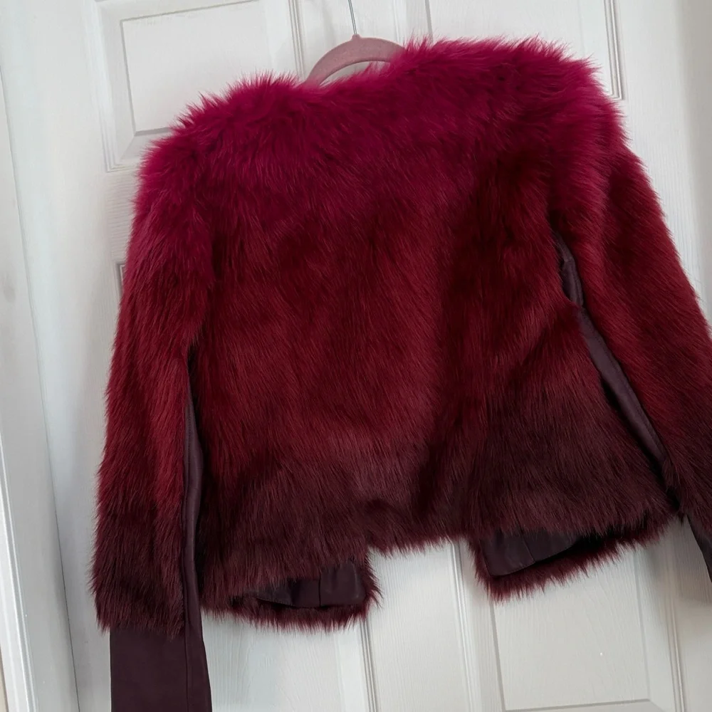 New York & Company Women's Burgundy Faux Fur Jacket with Leather-look Sleeves - Picture 4 of 10